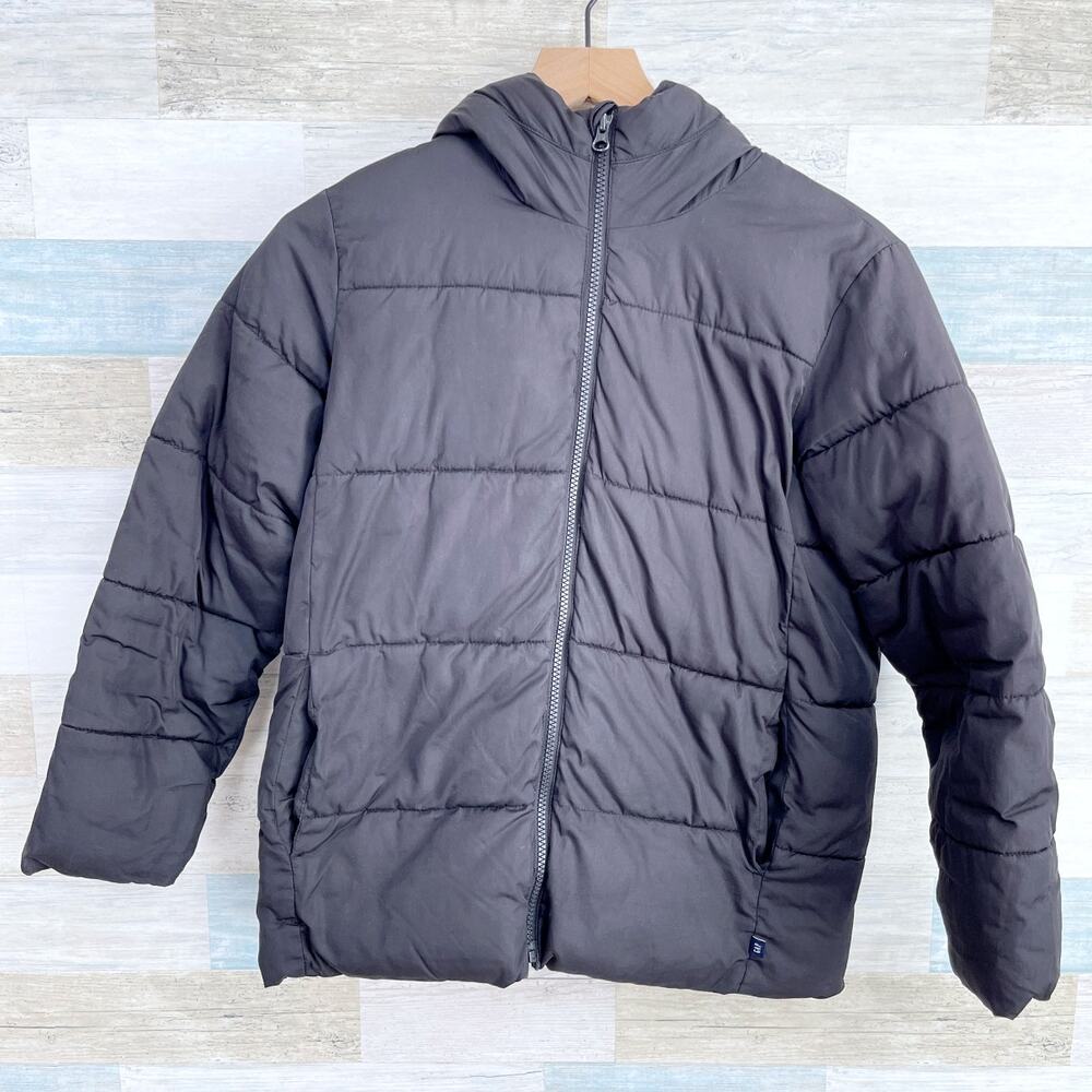 GAP Kids Wamest Puffer Jacket Black Full Zip Hooded Water Resistant Boys Large
